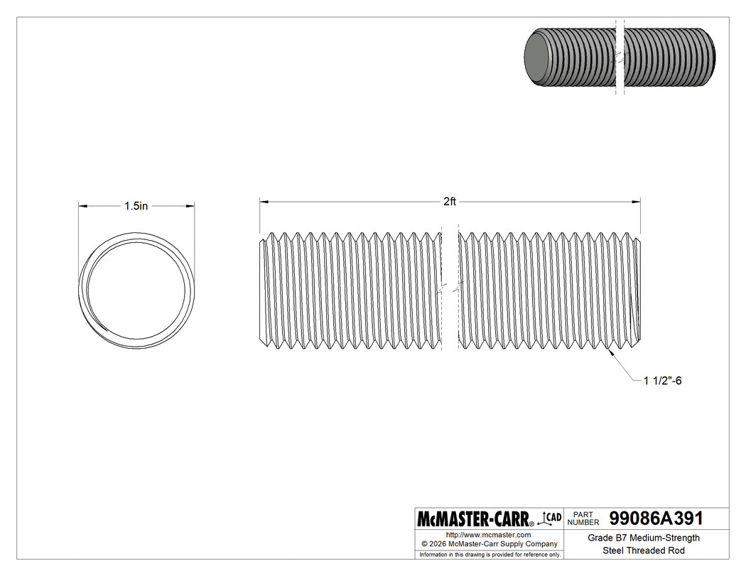 Technical Drawing of Grade B7 Medium-Strength Steel Threaded Rod, Zinc Yellow-Chromate Plated, 1-1/2"-6 Thread Size, 2 Feet Long.